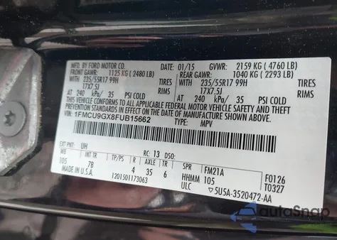 2015 Ford Escape Se z USA, uszkodzony, nr VIN 1FMCU9GX8FUB15662